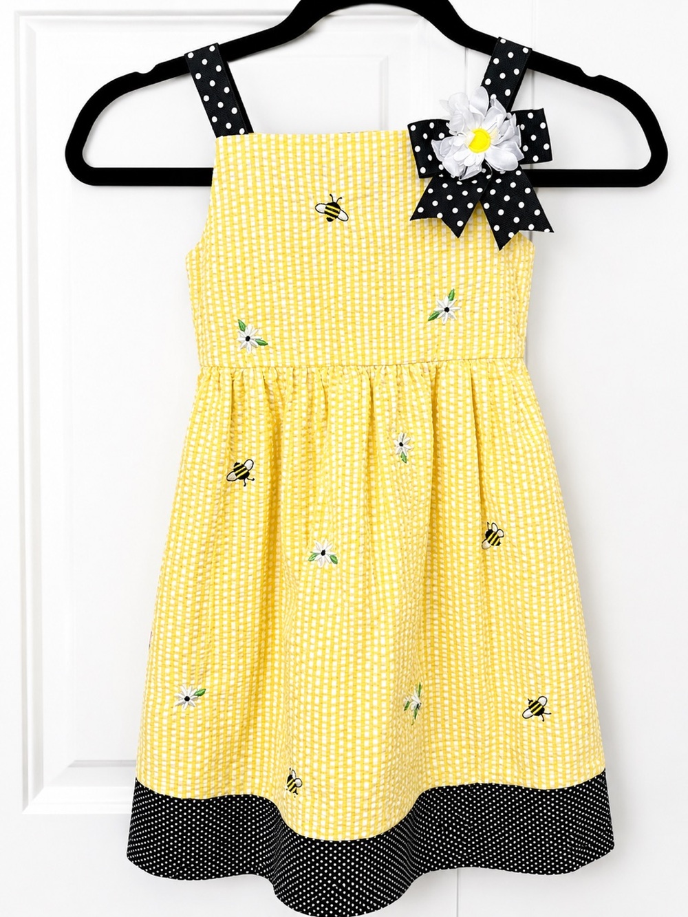 Girls Size 5- Rare Editions- Yellow Bee-Print Sundress with Black Polka Dot Trim